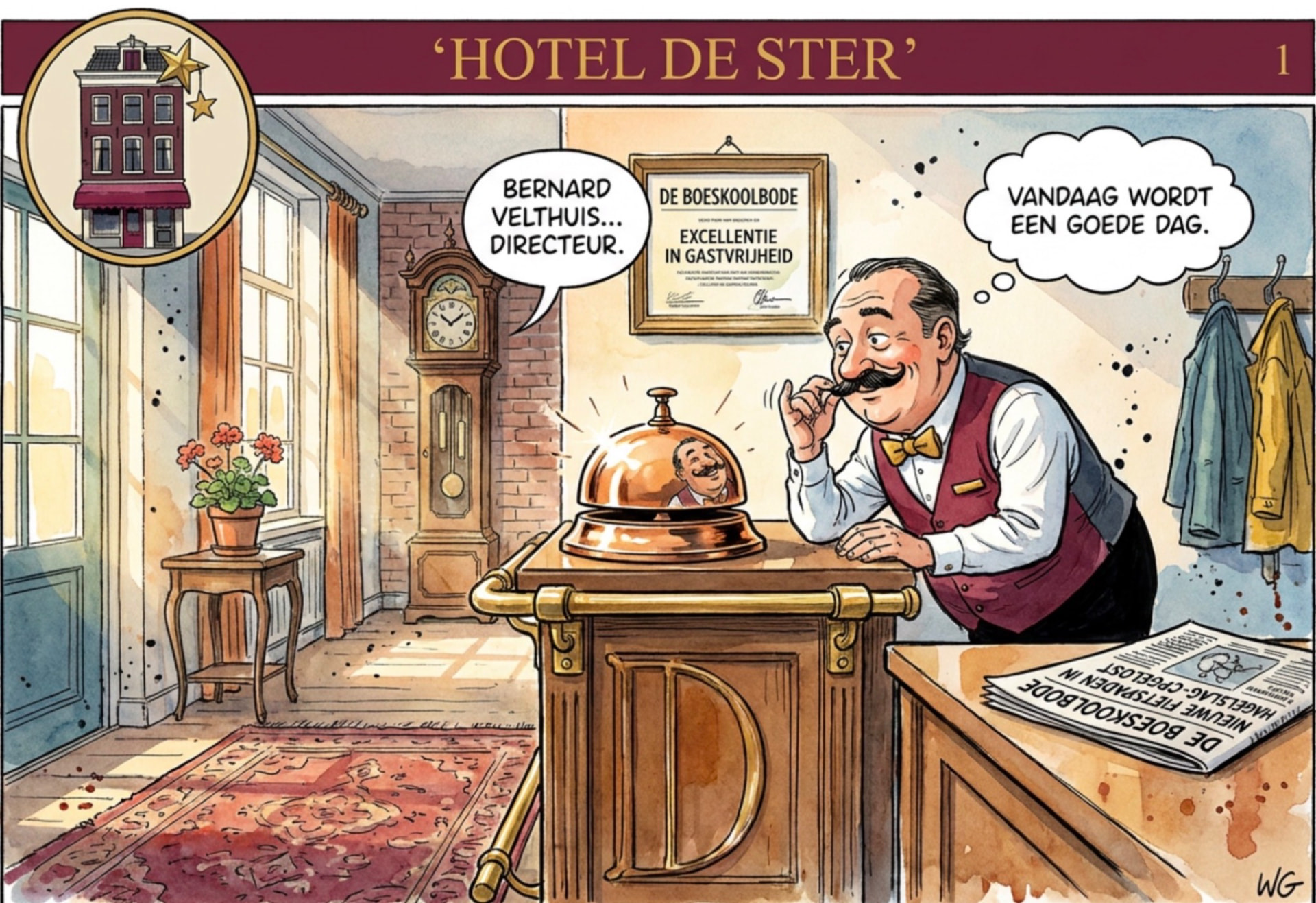 Bernard Velthuis, directeur van Hotel de Ster, achter de ontvangstbalie met een koperen bel.